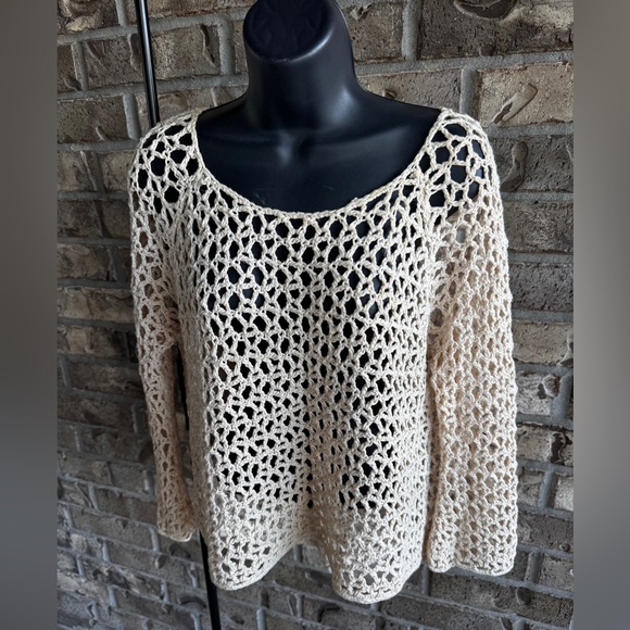 Free People Boho Crochet Knit Top XS Linen Cotton Open Weave Long Sleeve - Picture 3 of 10